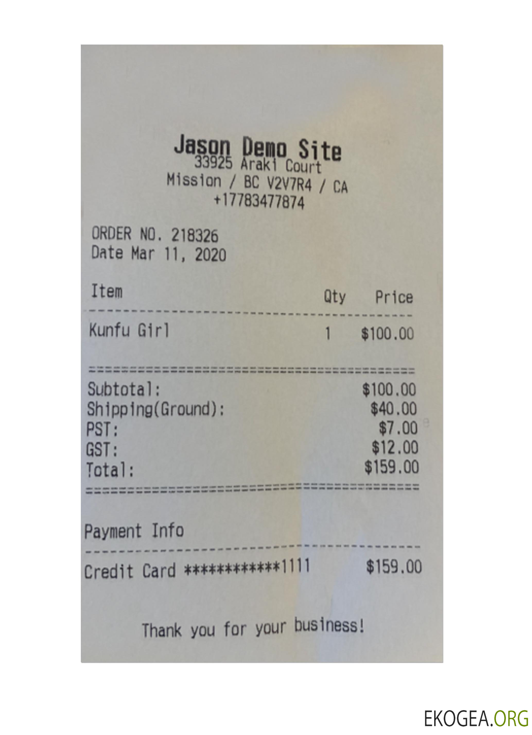 Reçu du SITE DE DÉMO JASON